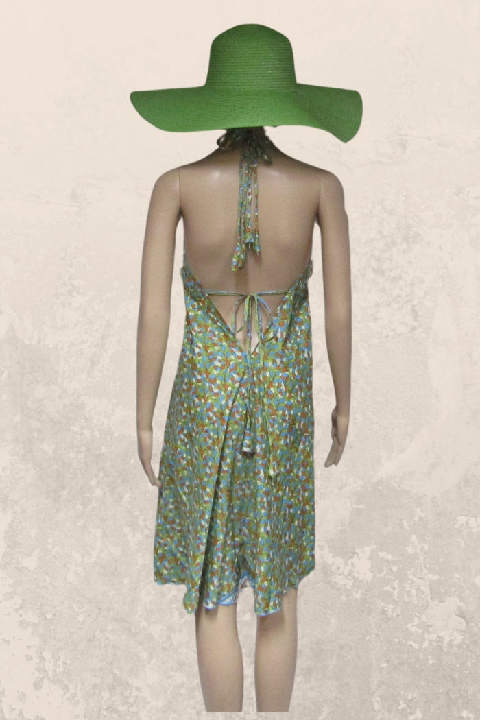Hot Ticket Halter Dress in a Sassy Silky Short Style in a Lime-Blue Print