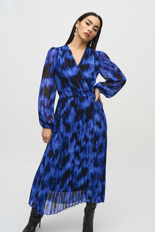 Chiffon Abstract Print Midi Dress- Royal Sapphire/Multi