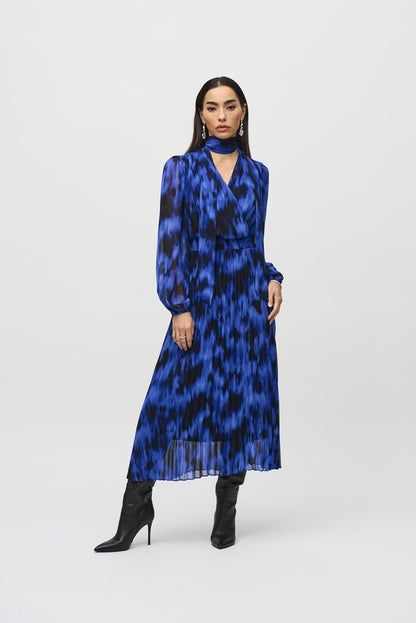 Chiffon Abstract Print Midi Dress- Royal Sapphire/Multi