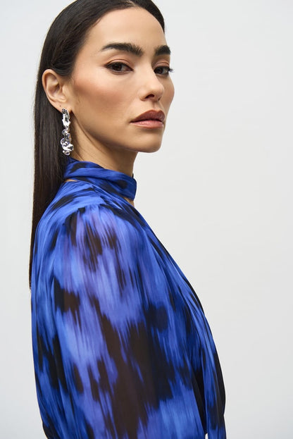 Chiffon Abstract Print Midi Dress- Royal Sapphire/Multi