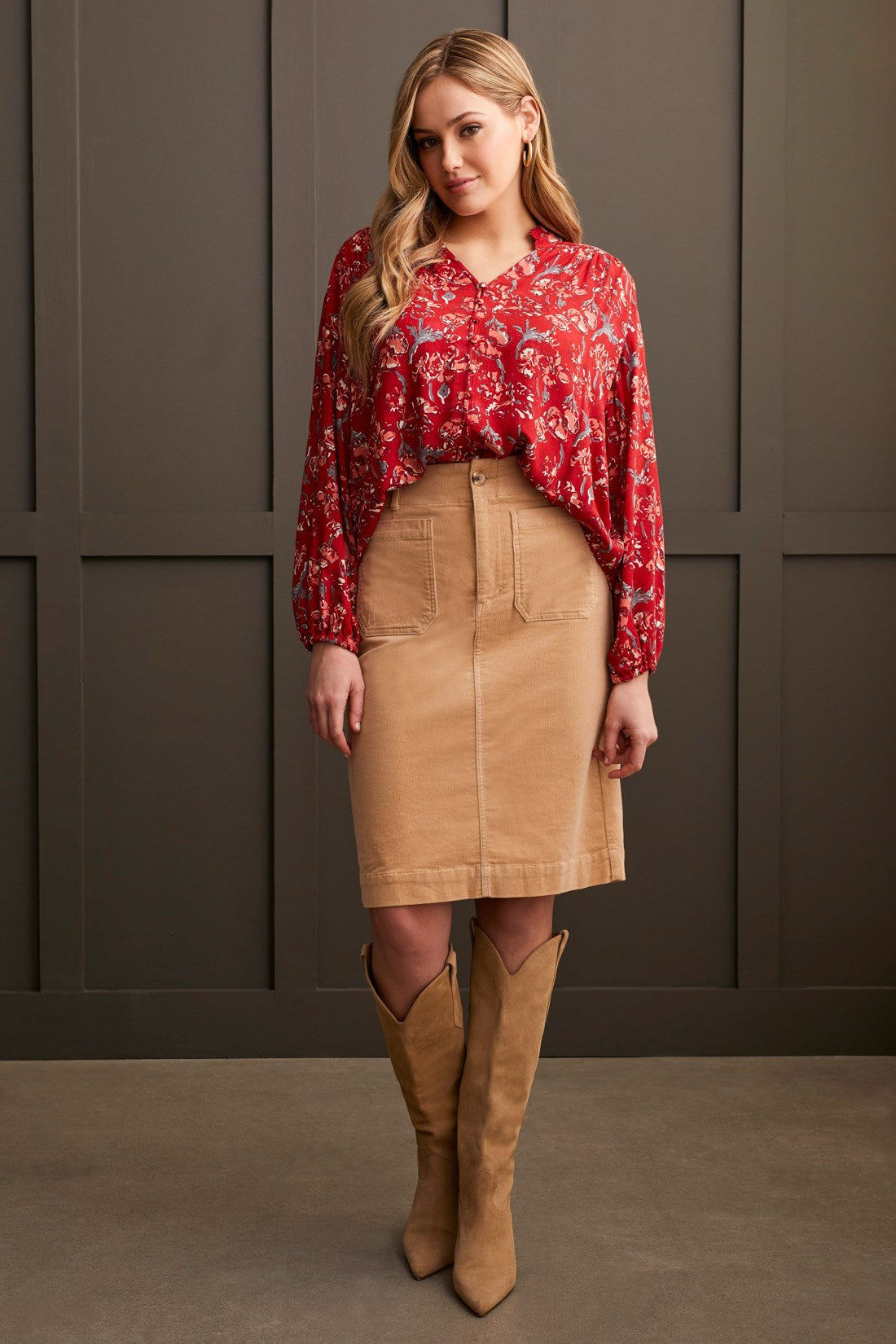 Jacquard Challis Button Up Blouse- Scarlet
