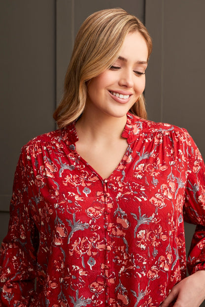 Jacquard Challis Button Up Blouse- Scarlet