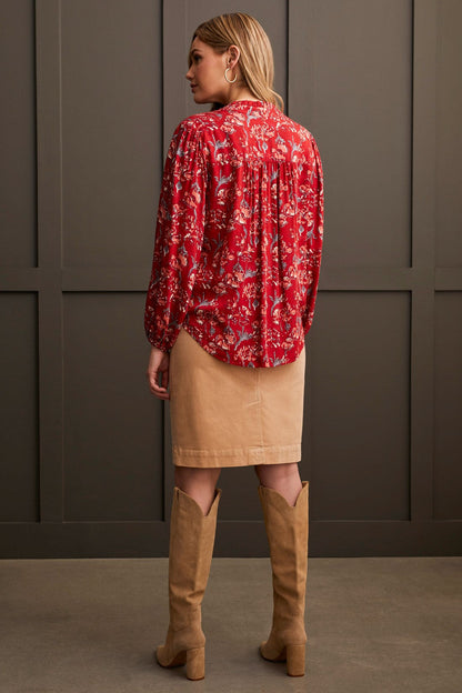 Jacquard Challis Button Up Blouse- Scarlet