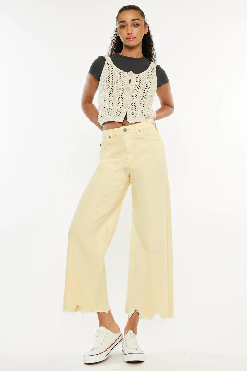 Cropped Wide Leg Jeans - olive and ecru