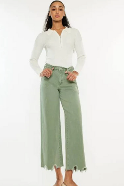 Cropped Wide Leg Jeans - olive and ecru