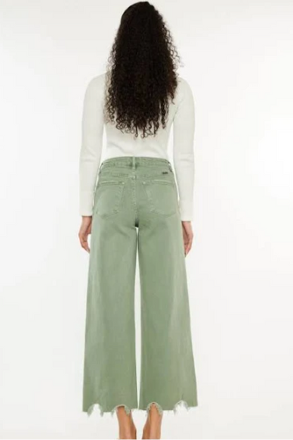 Cropped Wide Leg Jeans - olive and ecru