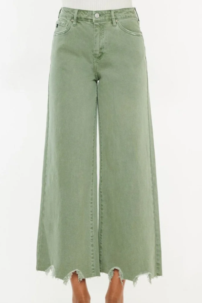 Cropped Wide Leg Jeans - olive and ecru
