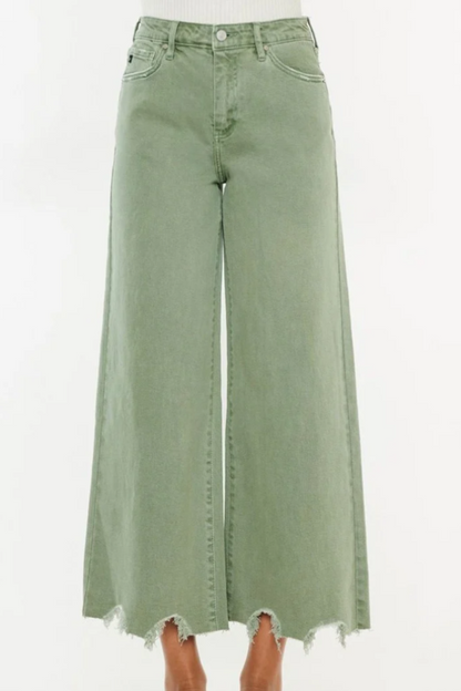 Cropped Wide Leg Jeans - olive and ecru