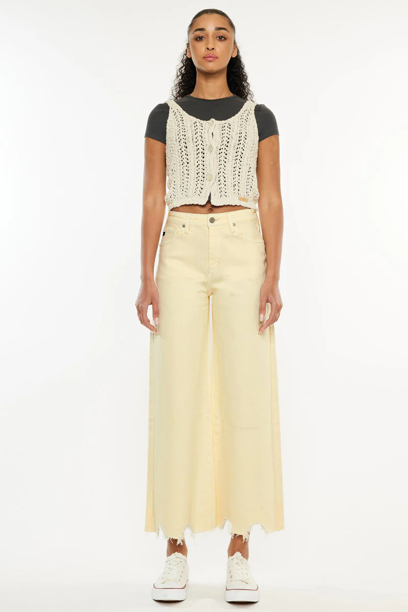 Cropped Wide Leg Jeans - olive and ecru