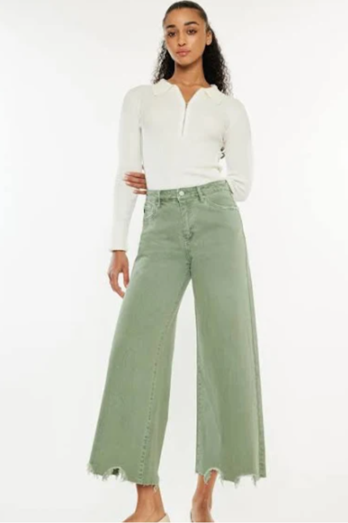 Cropped Wide Leg Jeans - olive and ecru