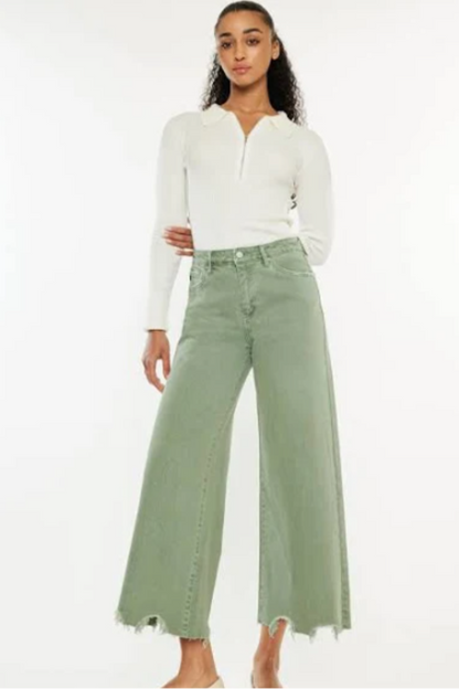 Cropped Wide Leg Jeans - olive and ecru