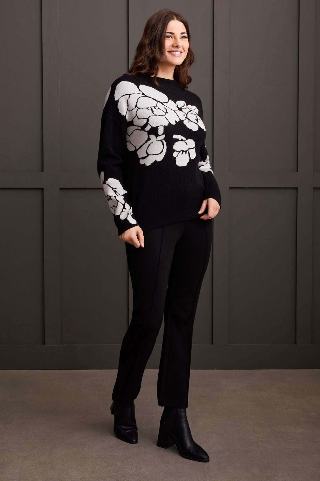 Knit Jaquard Funnel Neck Sweater- Black