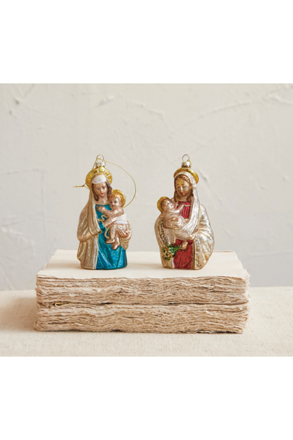 Hand-Painted Glass Virgin Mary & Child Ornament