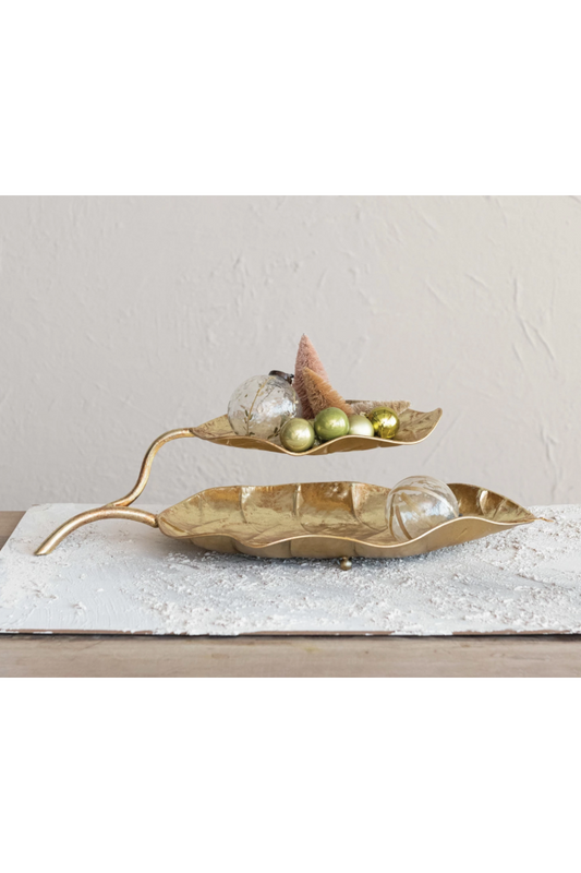 Decorative Metal 2-Tier Leaf Shaped Tray, Gold Finish
