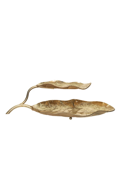Decorative Metal 2-Tier Leaf Shaped Tray, Gold Finish
