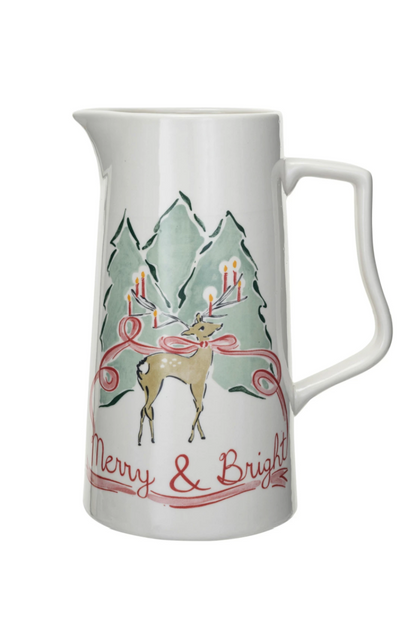 Stoneware Pitcher w/ Reindeer, 2QT