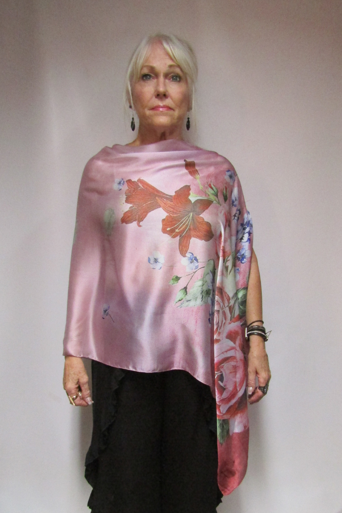 Satin Charmeuse Button Shawl in Pink Floral Print