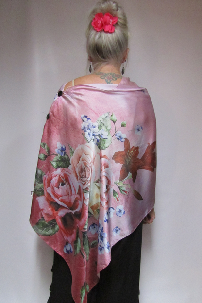 Satin Charmeuse Button Shawl in Pink Floral Print