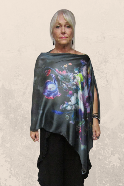 Satin Charmeuse Button Shawl in Charcoal Floral Print