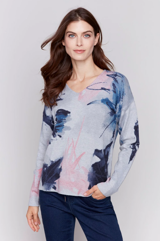Printed Plushy V Neck Sweater