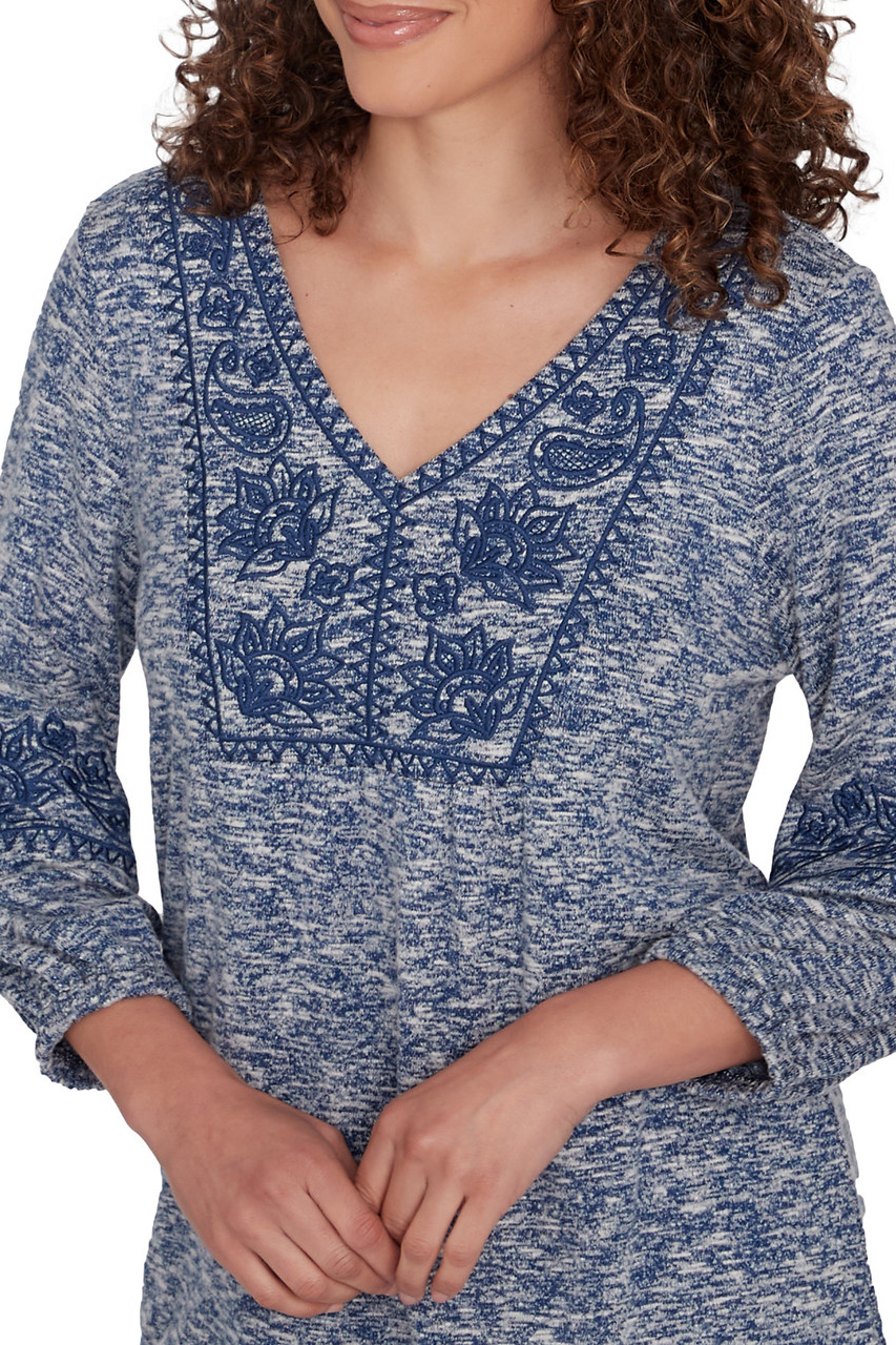 Embroidered V-Neck Hatchi Spacedye Knit Top