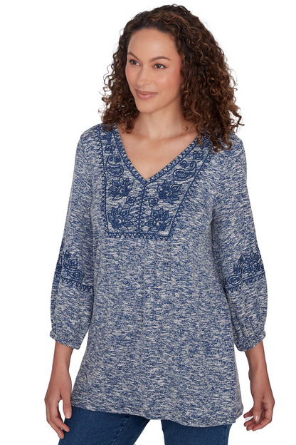 Embroidered V-Neck Hatchi Spacedye Knit Top