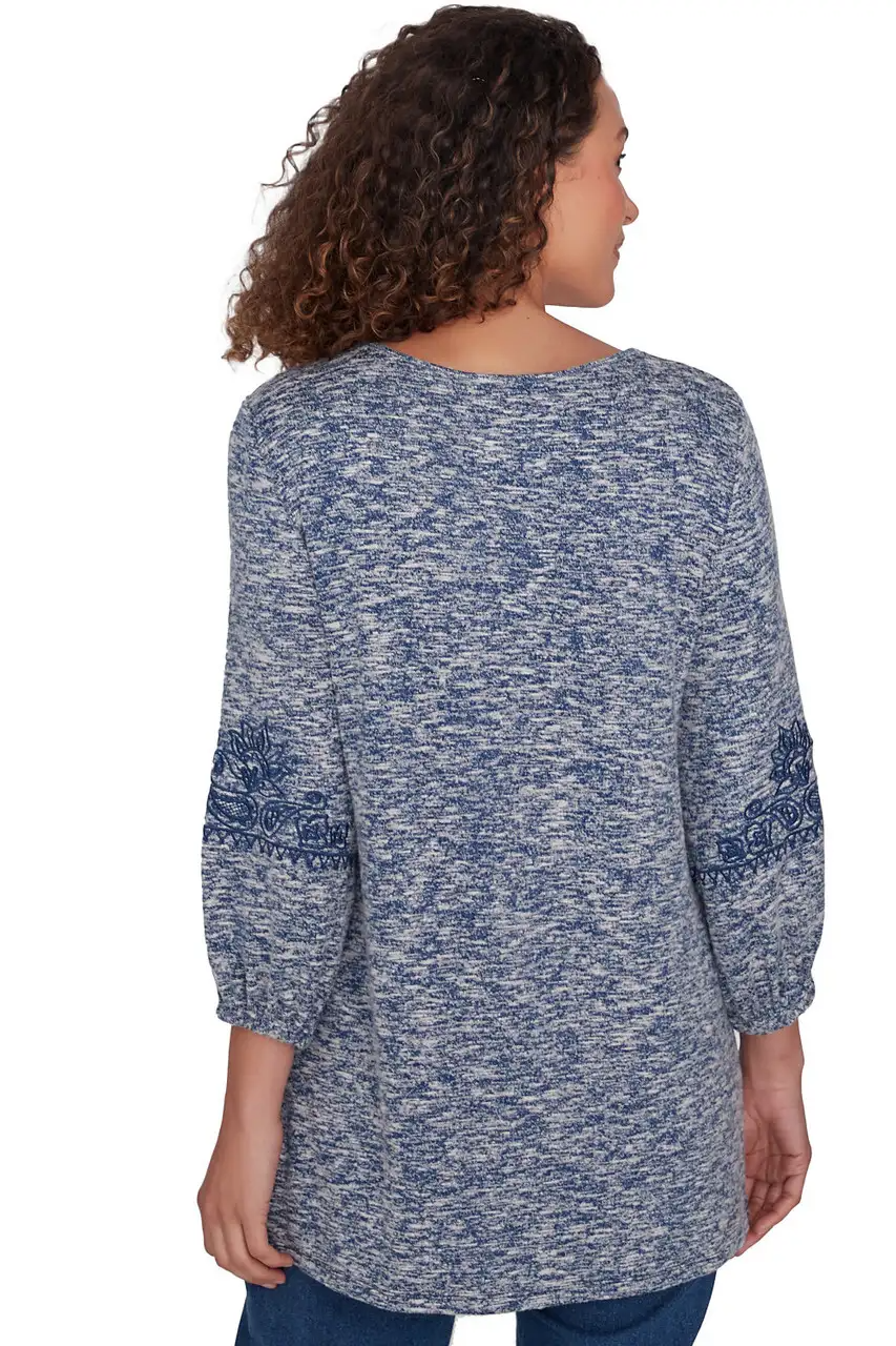 Embroidered V-Neck Hatchi Spacedye Knit Top