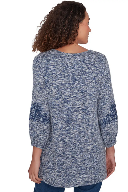 Embroidered V-Neck Hatchi Spacedye Knit Top