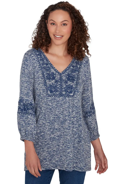 Embroidered V-Neck Hatchi Spacedye Knit Top