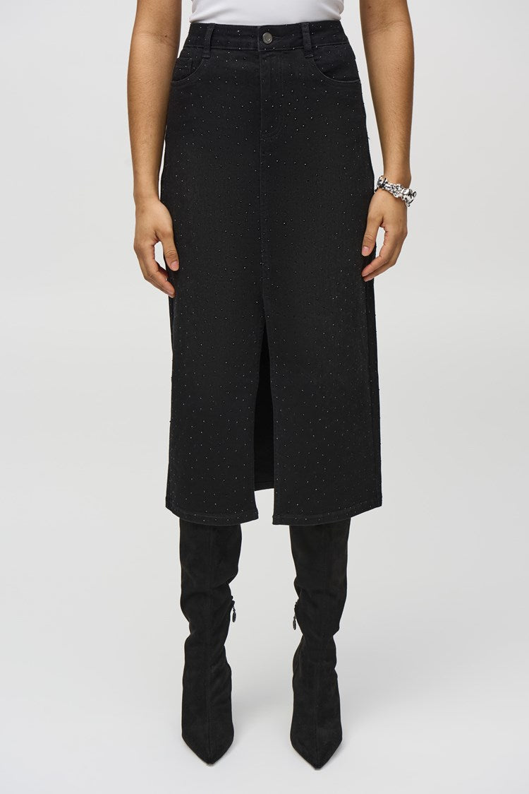 Classic Denim Pencil Skirt w/ Rhinestones- Black