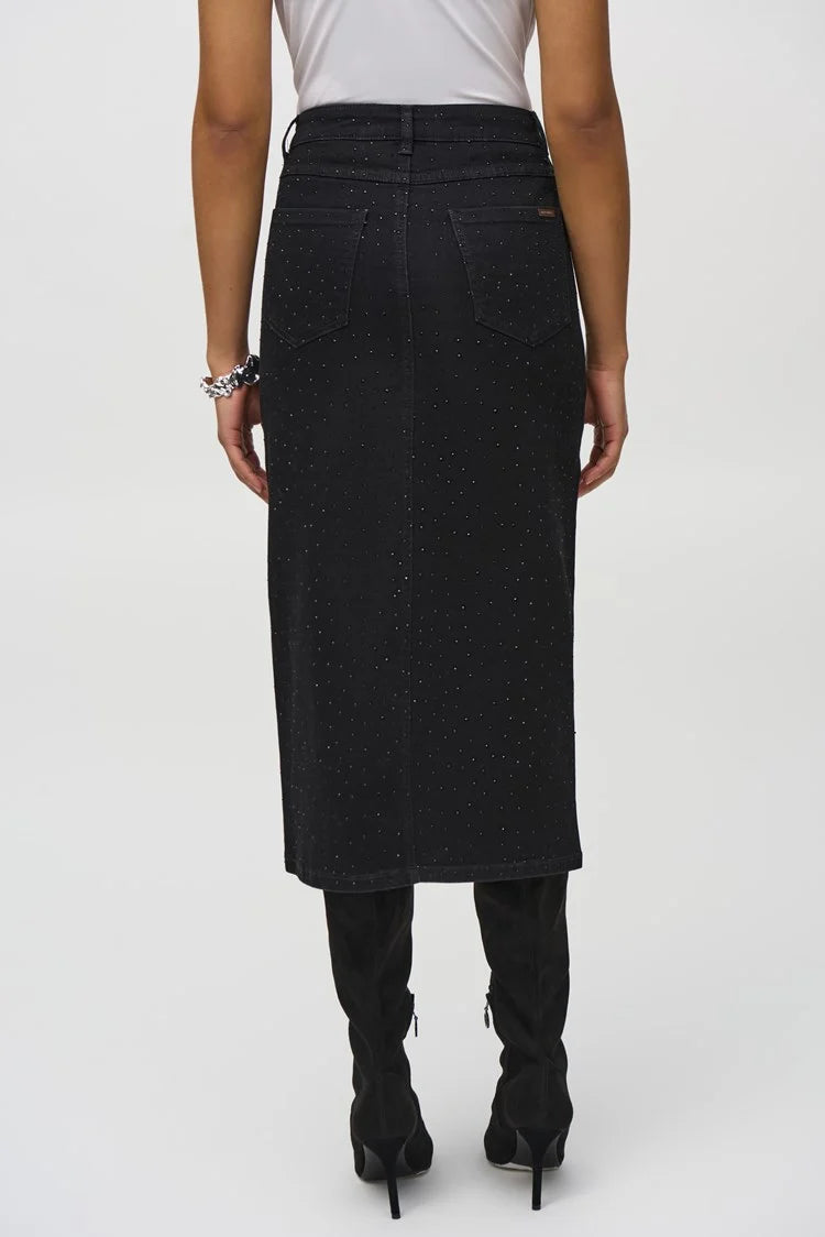 Classic Denim Pencil Skirt w/ Rhinestones- Black