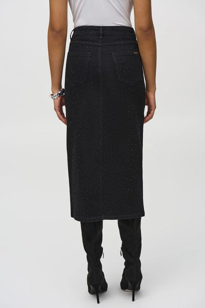 Classic Denim Pencil Skirt w/ Rhinestones- Black