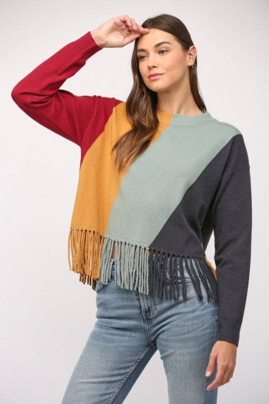 Colorblock Fringe Sweater