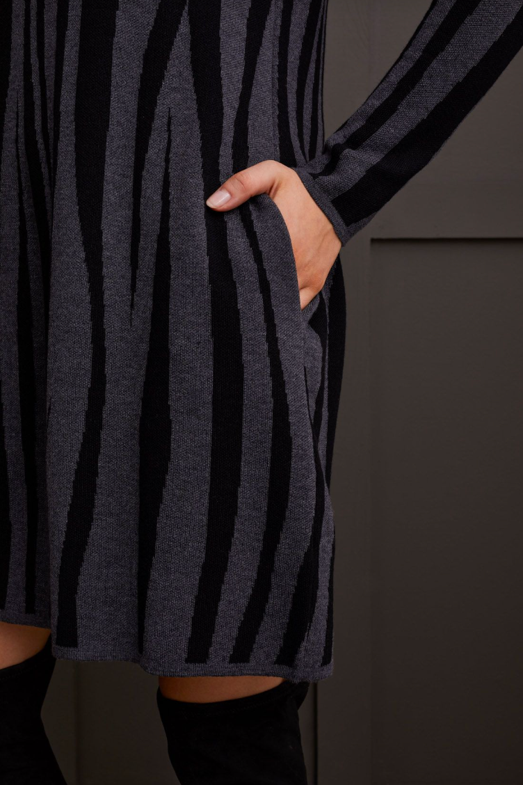 Funnel Neck Jaquard Sweater Dress- Charcoal