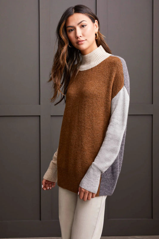 Mock Neck Colorblock Sweater- Heathered Walnut