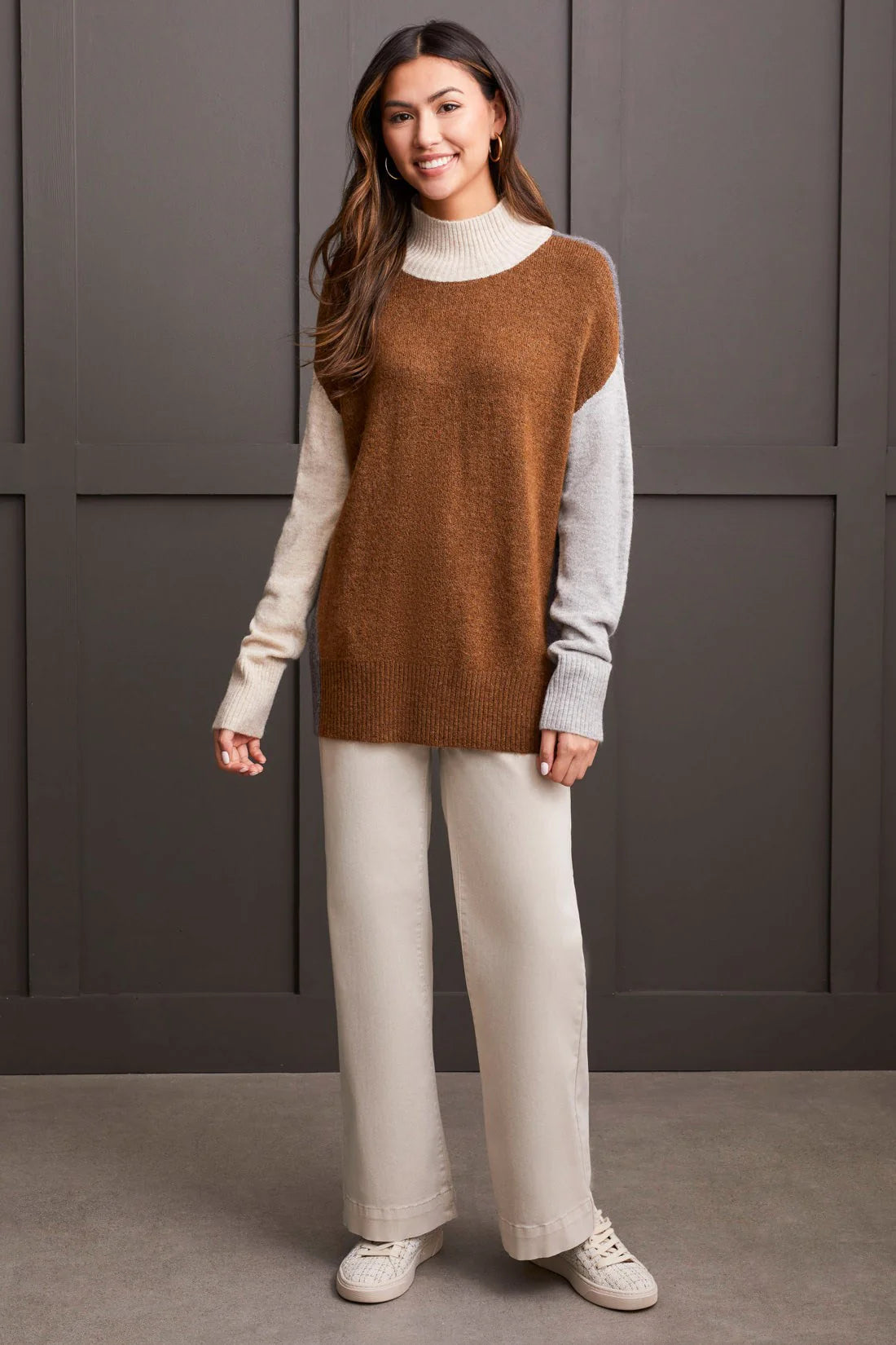 Mock Neck Colorblock Sweater- Heathered Walnut