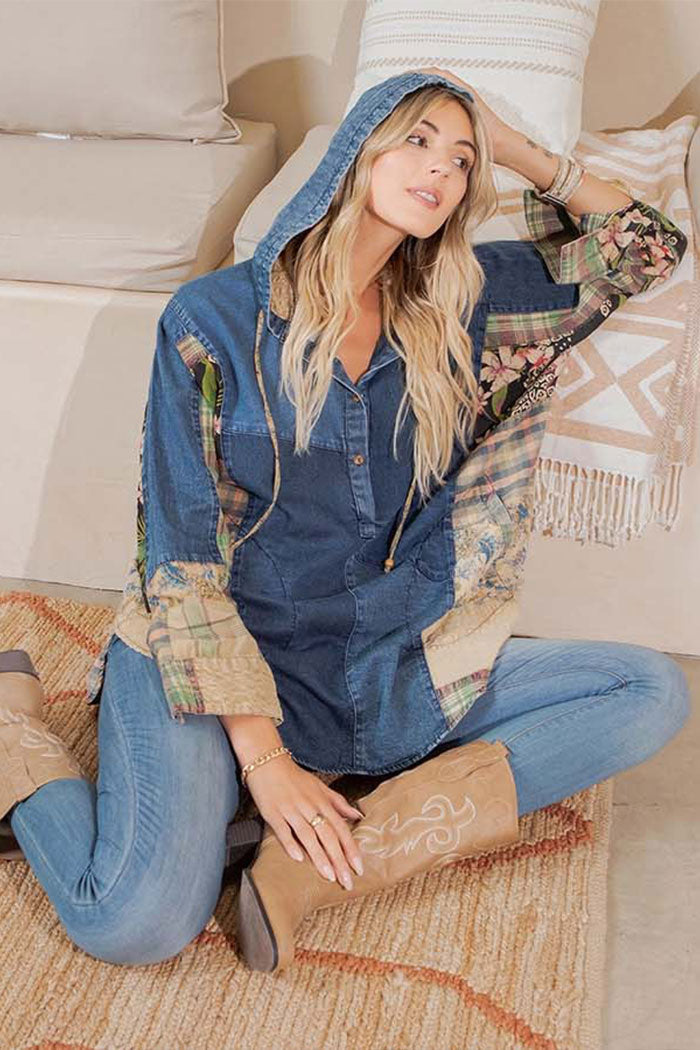 Hooded High Low Patchwork Top