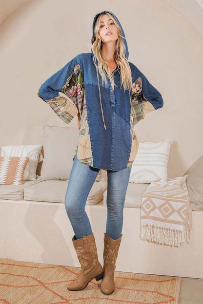 Hooded High Low Patchwork Top