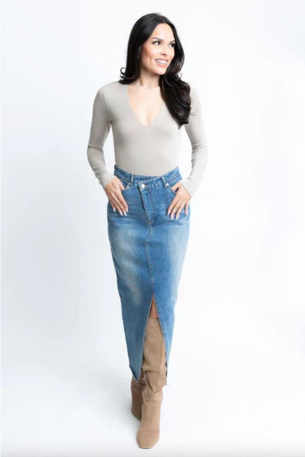 Denim Front Slit Maxi Skirt