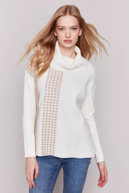 Ecru and Houndstooth Cowl Neck Sweater