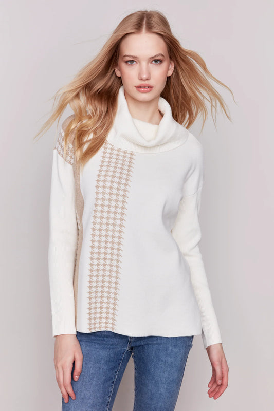 Ecru and Houndstooth Cowl Neck Sweater