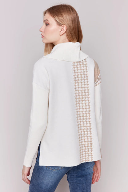 Ecru and Houndstooth Cowl Neck Sweater
