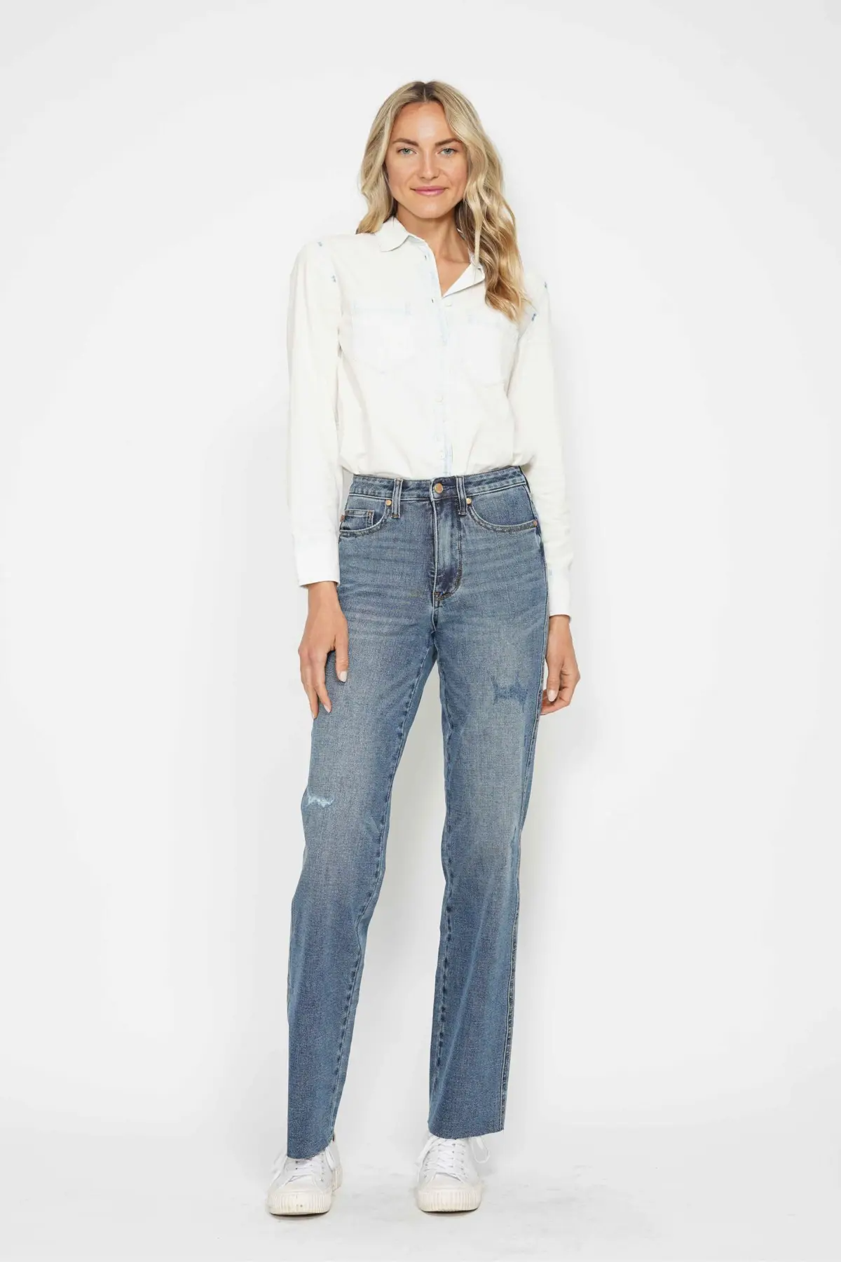 HI WAIST TUMMY CONTROL CUT RAW HEM STRAIGHT JEANS