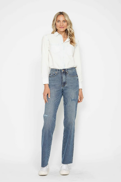 HI WAIST TUMMY CONTROL CUT RAW HEM STRAIGHT JEANS