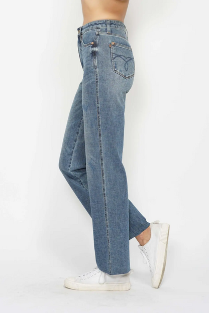 HI WAIST TUMMY CONTROL CUT RAW HEM STRAIGHT JEANS