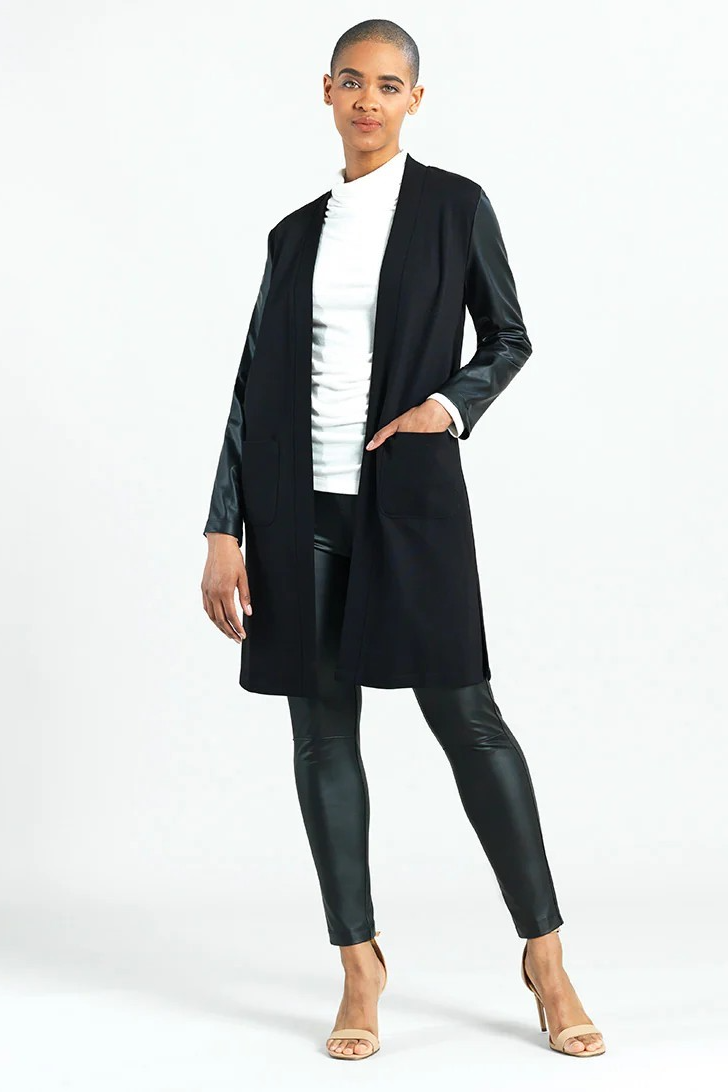 Ponte Knit Liquid Leather Sleeve Cardigan
