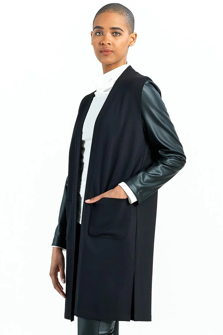 Ponte Knit Liquid Leather Sleeve Cardigan