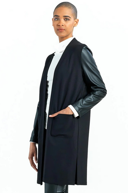 Ponte Knit Liquid Leather Sleeve Cardigan