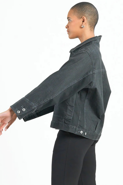 Denim mixed media button front jacket