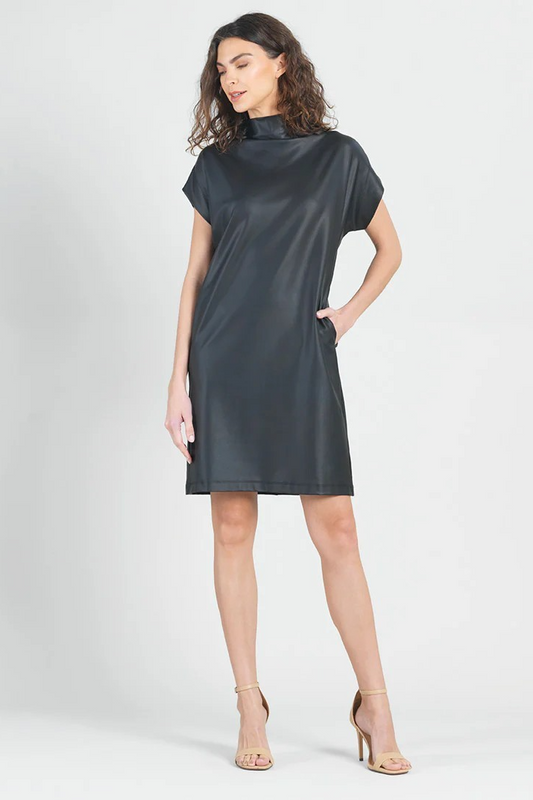 Liquid Leather Cap Sleeve High Neck Dress with Pockets